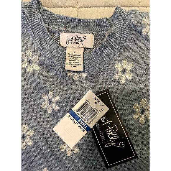 Just Polly Blue Knit Sweater Dress Small Floral Daisy Short Sleeve Retro Y2K Mod - Picture 5 of 12